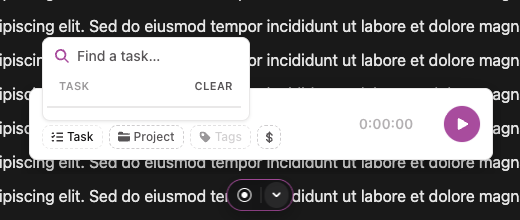 The extension's timer card above the pill, with the task picker open
