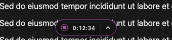 The pill on hover while a timer runs, showing elapsed time 0:12:34 and a stop button